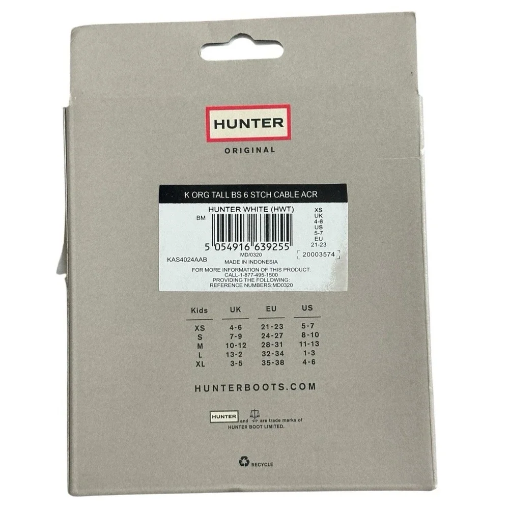 HUNTER Kids Original Cable‎ Knit Cuff Welly Fleece Boot Socks White XS
